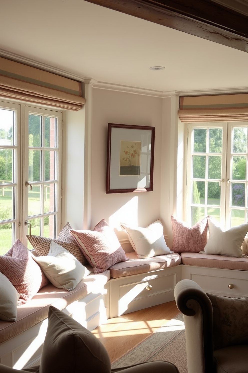 A cozy European living room features cushioned window seats adorned with plush pillows, inviting relaxation and comfort. Natural light streams through large windows, illuminating the soft color palette of warm neutrals and pastels throughout the space.