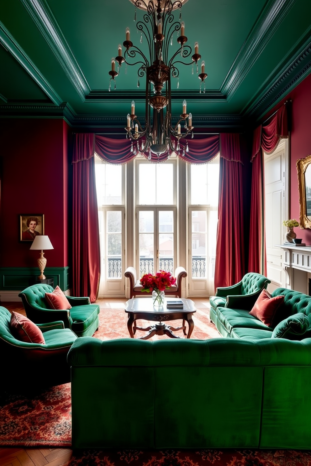 A European living room with bold accent walls painted in deep emerald green and rich burgundy. The room features a plush velvet sofa in a complementary shade, surrounded by elegant armchairs and a vintage coffee table at the center. Large windows allow natural light to flood the space, framed by luxurious drapes that cascade to the floor. An ornate chandelier hangs from the ceiling, adding a touch of glamour and sophistication to the atmosphere.