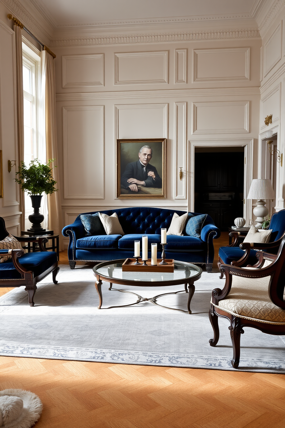 A timeless European living room design featuring a plush velvet sofa in a rich navy blue shade. Accentuating the space are elegant armchairs with intricate woodwork and a chic coffee table topped with a decorative tray and candles. The walls are adorned with classic molding and a soft cream color, creating a warm and inviting atmosphere. A large area rug with a subtle pattern anchors the seating area, while tall windows draped in sheer curtains allow natural light to flood the room.