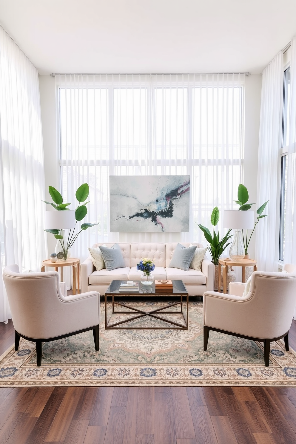 Light-filled space with large windows featuring sheer white curtains that gently diffuse the sunlight. The room includes a plush sofa in a soft pastel color, complemented by a pair of elegant armchairs and a stylish coffee table at the center. A beautiful area rug anchors the seating arrangement, adding warmth and texture to the space. Decorative elements such as a large piece of abstract art on the wall and a selection of indoor plants enhance the inviting atmosphere.