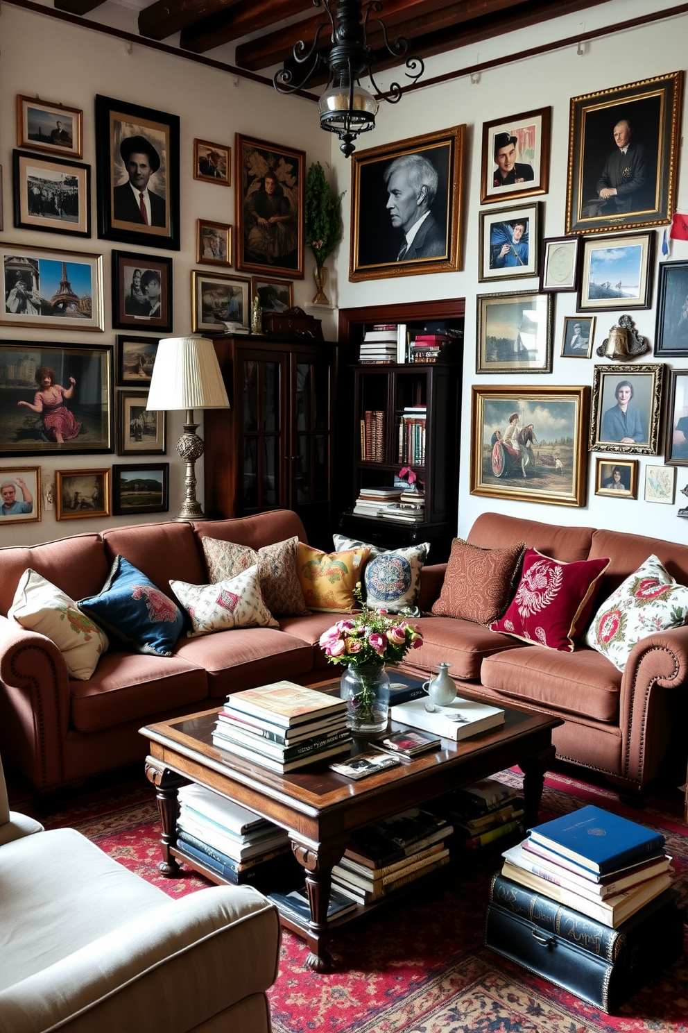 A cozy European living room filled with personalized decor that reflects travel experiences. The space features a plush sofa adorned with colorful throw pillows collected from various destinations around the world. On the walls, framed photographs and souvenirs from travels are artfully arranged, creating a gallery effect. A vintage coffee table sits in the center, surrounded by an eclectic mix of books and decorative items from different cultures.