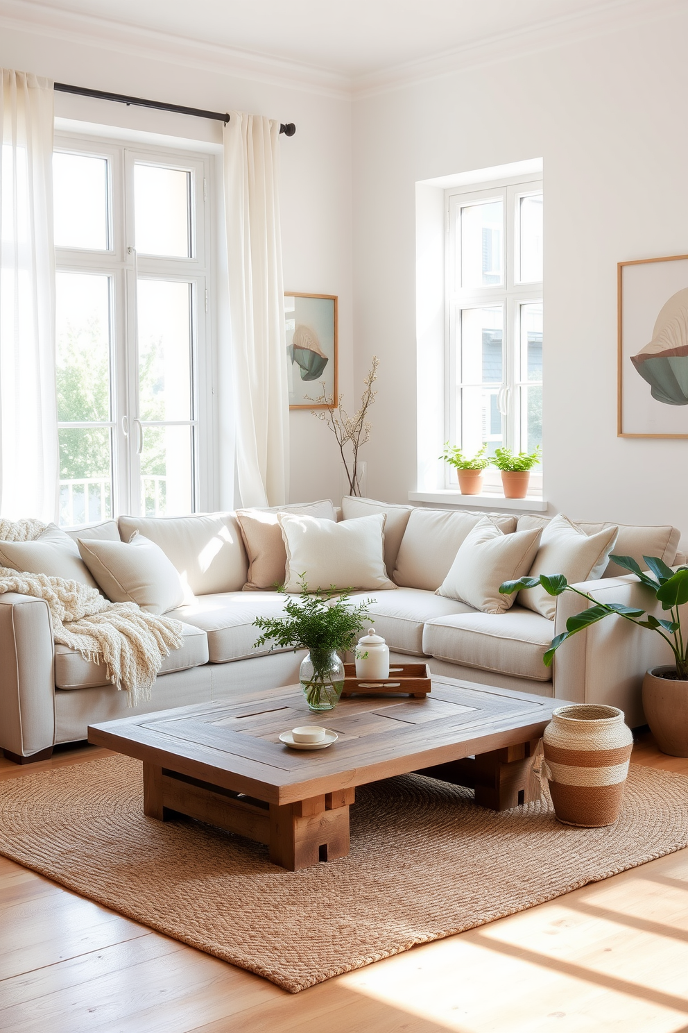 A cozy European living room featuring a neutral color palette with soft textures. The space includes a plush beige sofa adorned with light gray throw pillows and a chunky knit blanket draped over the arm. Natural light floods in through large windows dressed with sheer white curtains. A rustic wooden coffee table sits in the center, complemented by a woven area rug that adds warmth to the hardwood floor. Artwork in soft pastel tones hangs on the walls, enhancing the serene atmosphere. Potted plants in ceramic pots bring a touch of greenery, creating a refreshing and inviting environment.