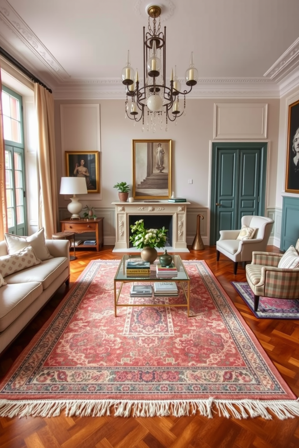 A chic European living room features a blend of patterned rugs layered over rich hardwood floors. The space is adorned with plush sofas, elegant accent chairs, and a stylish coffee table, creating a warm and inviting atmosphere.