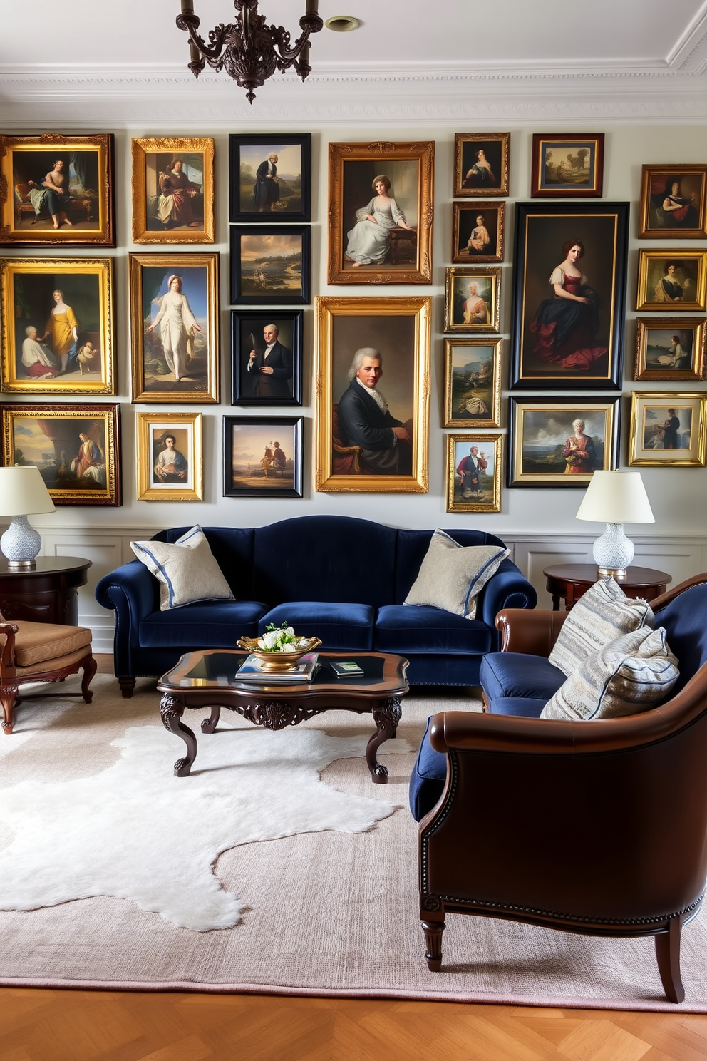 A gallery wall adorned with a curated selection of European art pieces creates a focal point in the living room. The artwork is framed in elegant black and gold frames, showcasing a mix of classical and contemporary styles. The living room features a plush velvet sofa in deep navy, complemented by a pair of vintage leather armchairs. A large, ornate coffee table sits at the center, surrounded by a soft, textured area rug in muted tones.