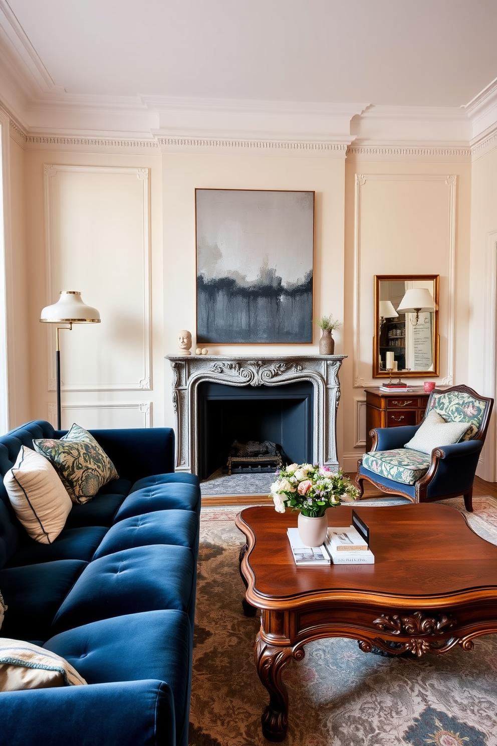 A stylish European living room featuring a blend of contemporary and antique furnishings. A plush velvet sofa in a rich navy blue is paired with a vintage wooden coffee table adorned with intricate carvings. The walls are painted in a soft cream color, complemented by elegant crown molding. A large abstract painting hangs above the fireplace, which is framed by classic marble accents. In one corner, a modern floor lamp provides warm lighting next to an antique armchair upholstered in a floral fabric. Decorative pillows in various textures and patterns add depth and comfort to the seating area.