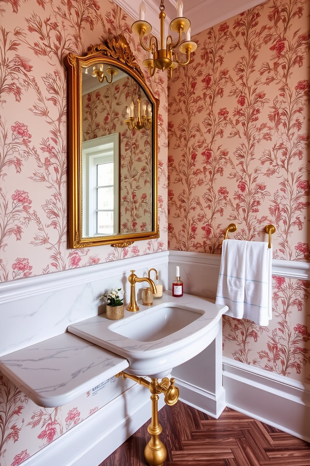 Elegant marble sink with gold accents. The walls are adorned with intricate wallpaper featuring floral patterns, and the floor is covered with herringbone wood tiles. A vintage gold-framed mirror hangs above the sink, reflecting soft, ambient lighting from a stylish chandelier. Decorative elements include a small potted plant and plush hand towels neatly arranged on a gold towel rack.