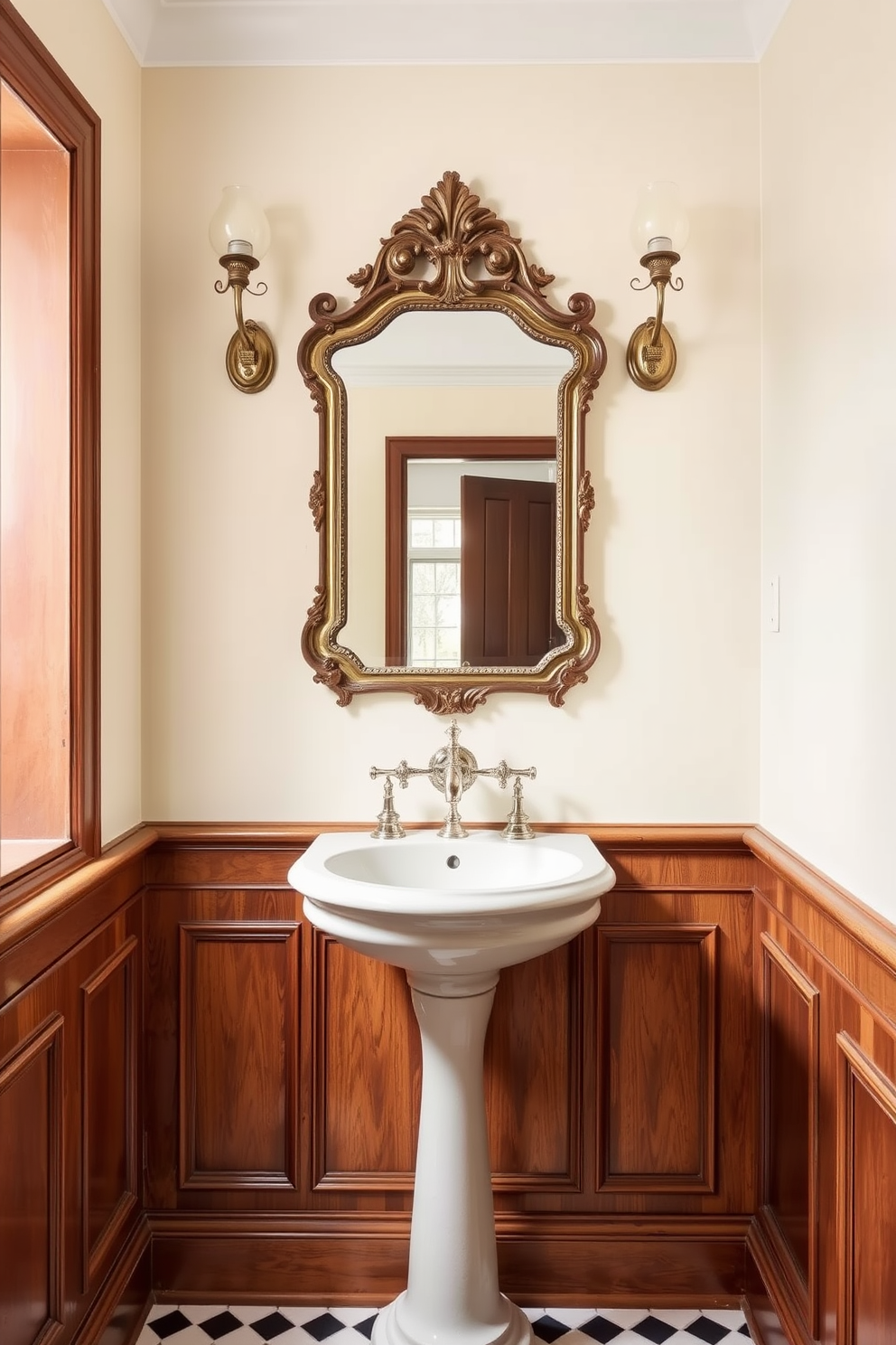 Classic wainscoting lines the walls of a charming European powder room, creating a sense of elegance and timeless appeal. The rich wood finish contrasts beautifully with the soft pastel wall color, enhancing the room's inviting atmosphere. A vintage pedestal sink sits against the wainscoted wall, adorned with a polished chrome faucet that adds a touch of sophistication. Above the sink, an ornate mirror reflects the room's tasteful decor, while delicate sconces provide warm, ambient lighting.