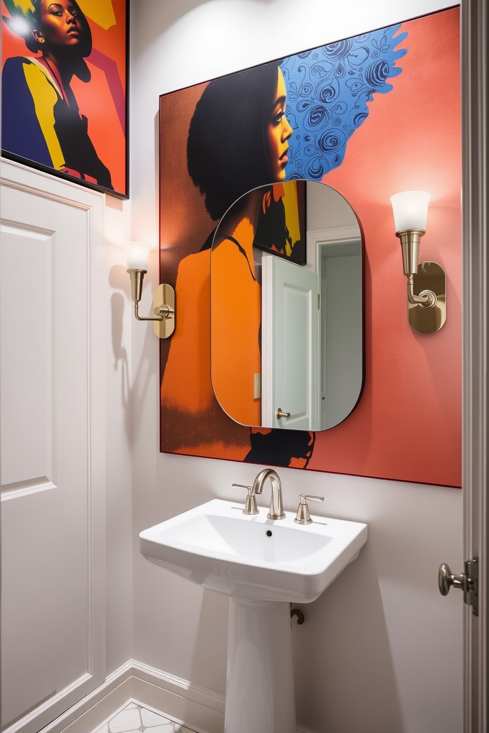 A European powder room featuring bold artwork as the focal point. The walls are adorned with a large, vibrant painting that adds a splash of color and personality to the space. The room includes a sleek pedestal sink with a modern faucet and a stylish wall-mounted mirror. Elegant sconces on either side of the mirror provide warm lighting, enhancing the overall ambiance.