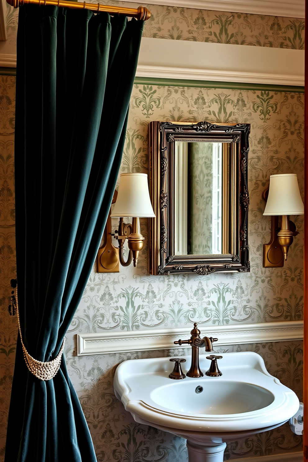 Luxurious velvet curtains drape elegantly from a polished brass rod, adding depth and richness to the space. The soft fabric complements the intricate wallpaper featuring a delicate floral pattern, creating a warm and inviting ambiance. The European powder room showcases a classic pedestal sink with a vintage-style faucet, surrounded by ornate sconces that provide soft lighting. A framed mirror with an antique finish hangs above the sink, reflecting the exquisite details of the room.