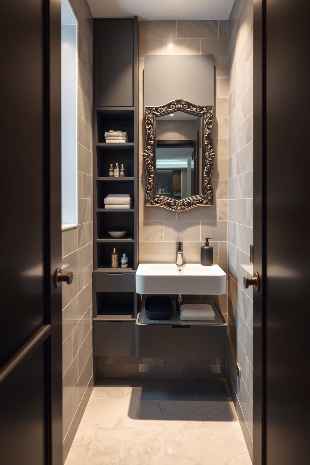 A stylish European powder room featuring clever compact storage solutions. The design includes a sleek wall-mounted vanity with integrated shelving, maximizing floor space while providing functional storage. Soft lighting illuminates the room, highlighting the elegant tiles in a muted color palette. A decorative mirror with intricate detailing enhances the sense of space and sophistication.