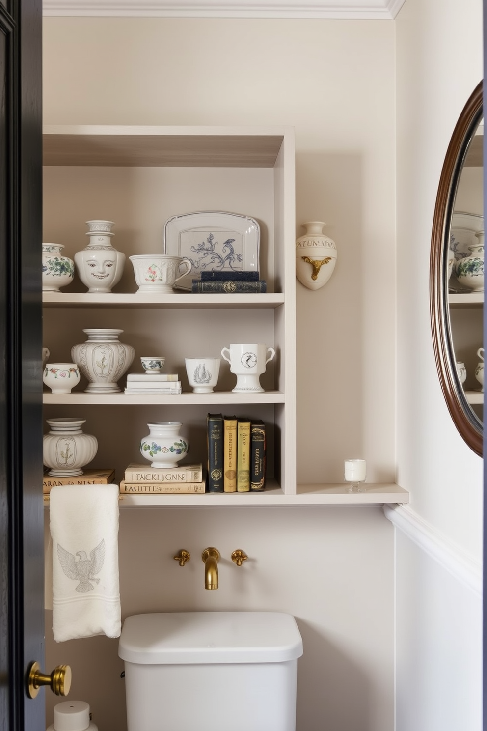 Open shelving displays a curated collection of elegant decor pieces, including artisanal ceramics and vintage books. The walls are adorned with soft pastel tones, creating a serene atmosphere in the European powder room.