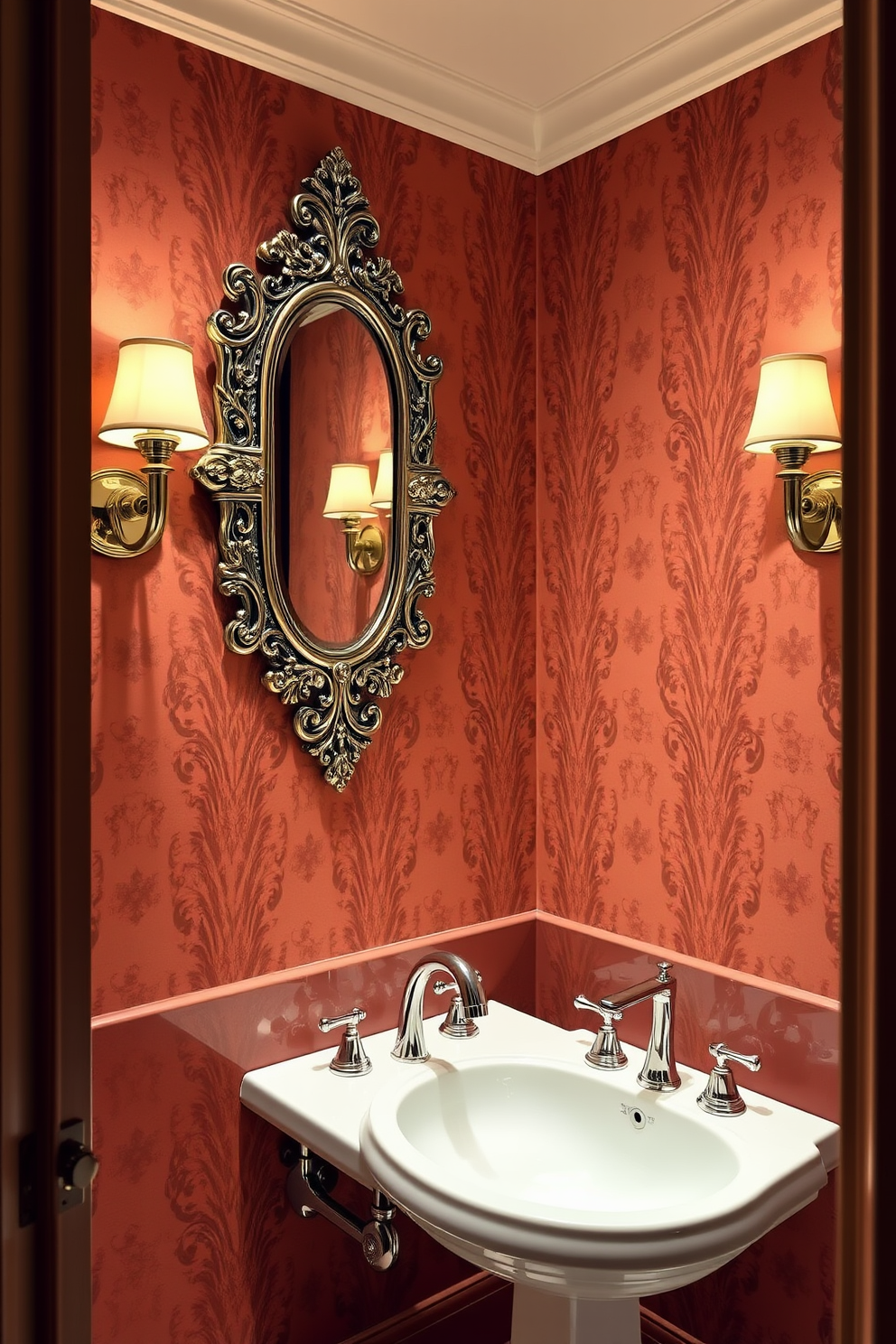 A luxurious powder room featuring high-end fixtures that exude elegance and sophistication. The space includes a sleek pedestal sink with a polished chrome faucet and a stunning wall-mounted mirror with intricate detailing. The walls are adorned with tasteful wallpaper that complements the rich color palette, creating a warm and inviting atmosphere. Elegant sconces provide soft lighting, enhancing the overall ambiance of the room while highlighting the exquisite design elements.