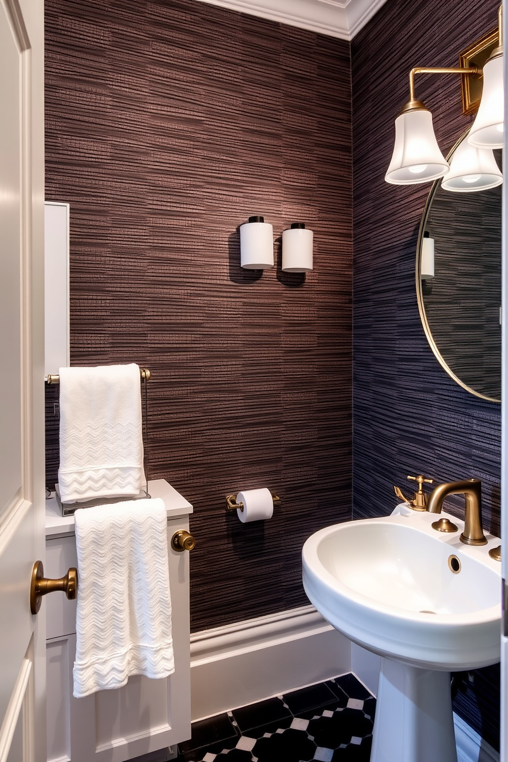 A stylish powder room featuring textured wallpaper that adds depth and character to the space. The room is adorned with elegant fixtures and a chic pedestal sink, creating a sophisticated yet inviting atmosphere.