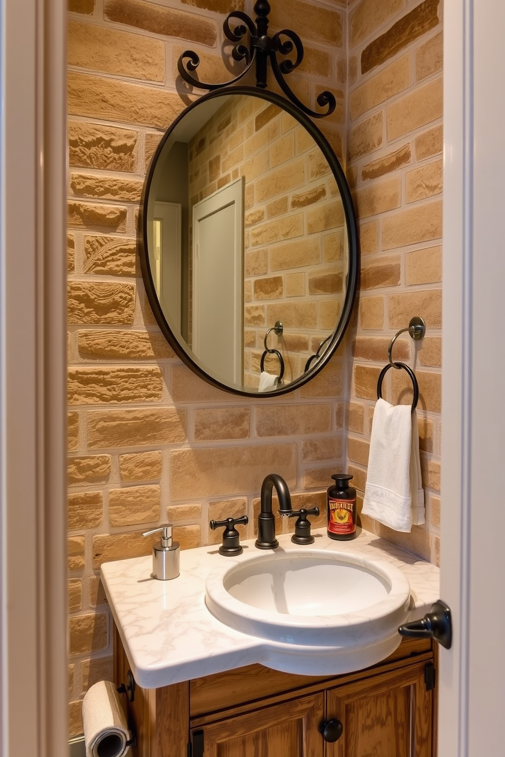 A European powder room featuring natural stone accents creates an earthy and inviting atmosphere. The walls are adorned with textured stone panels, complemented by a rustic wooden vanity with a marble sink. Soft, ambient lighting highlights the natural materials, enhancing the room's cozy charm. A large round mirror with a wrought iron frame hangs above the vanity, reflecting the elegant details of the space.