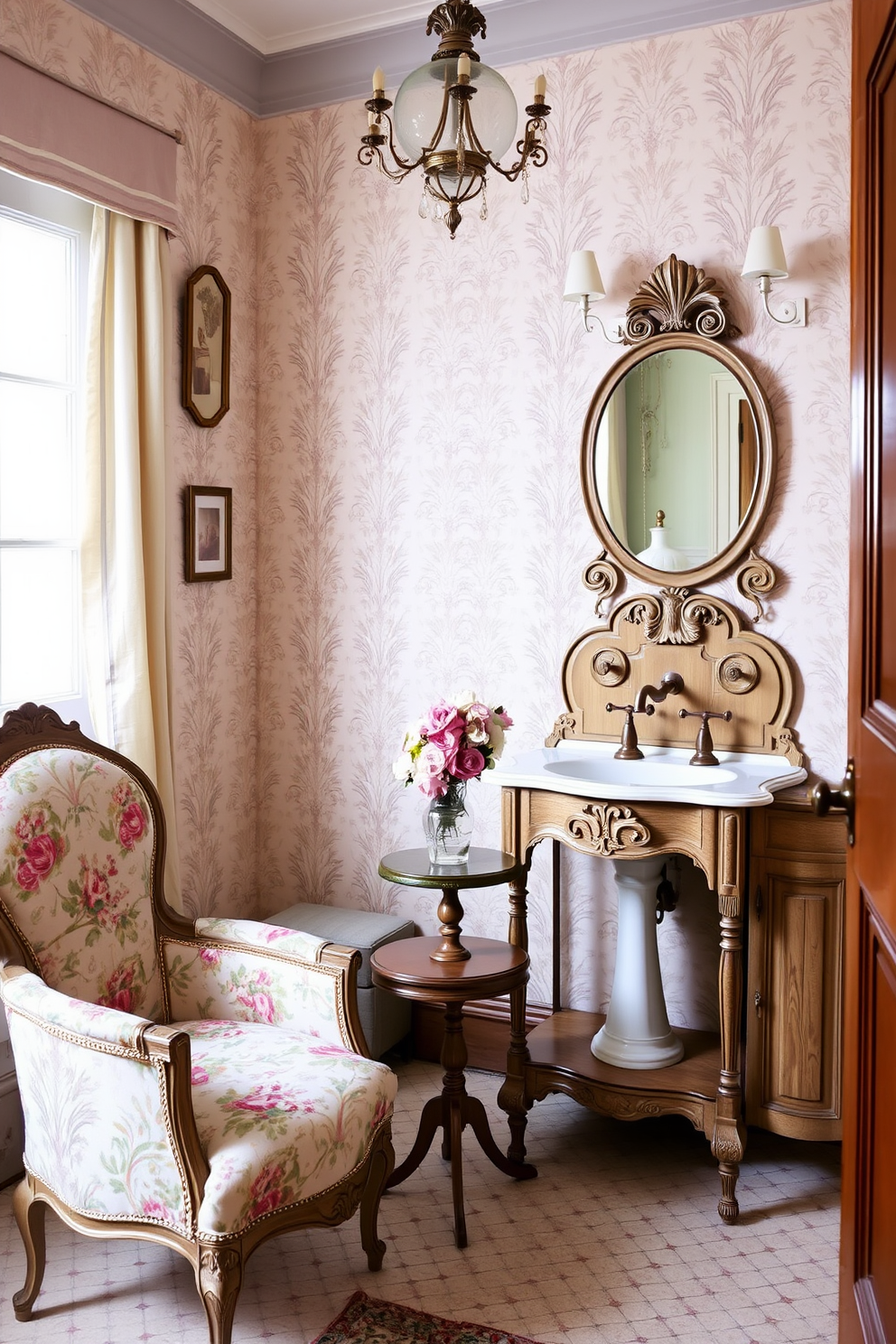 A charming European powder room featuring vintage furniture that adds character and warmth. The room includes an ornate wooden vanity with a distressed finish and a classic pedestal sink, complemented by antique-style fixtures. The walls are adorned with soft pastel wallpaper that evokes a sense of nostalgia. A vintage armchair sits in one corner, upholstered in a floral fabric, while a small round table holds a delicate porcelain vase filled with fresh flowers.