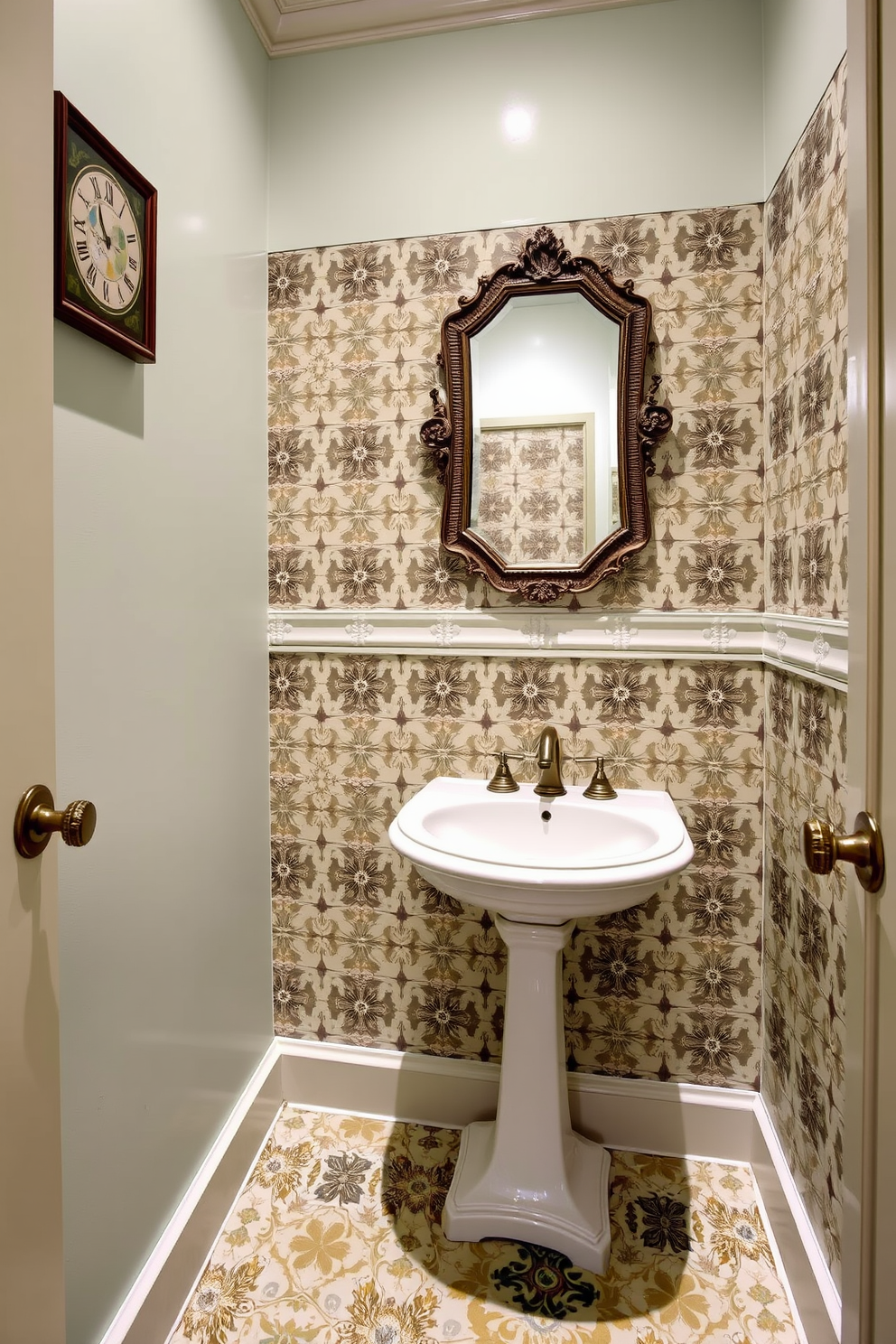 A charming powder room featuring vintage tiles with intricate patterns that create a captivating focal point. The walls are painted in a soft pastel hue, complementing the ornate tiles and enhancing the room's elegance. A classic pedestal sink sits against one wall, adorned with a vintage-style faucet. Above the sink, a beautifully framed mirror reflects the exquisite tile work, adding depth and sophistication to the space.