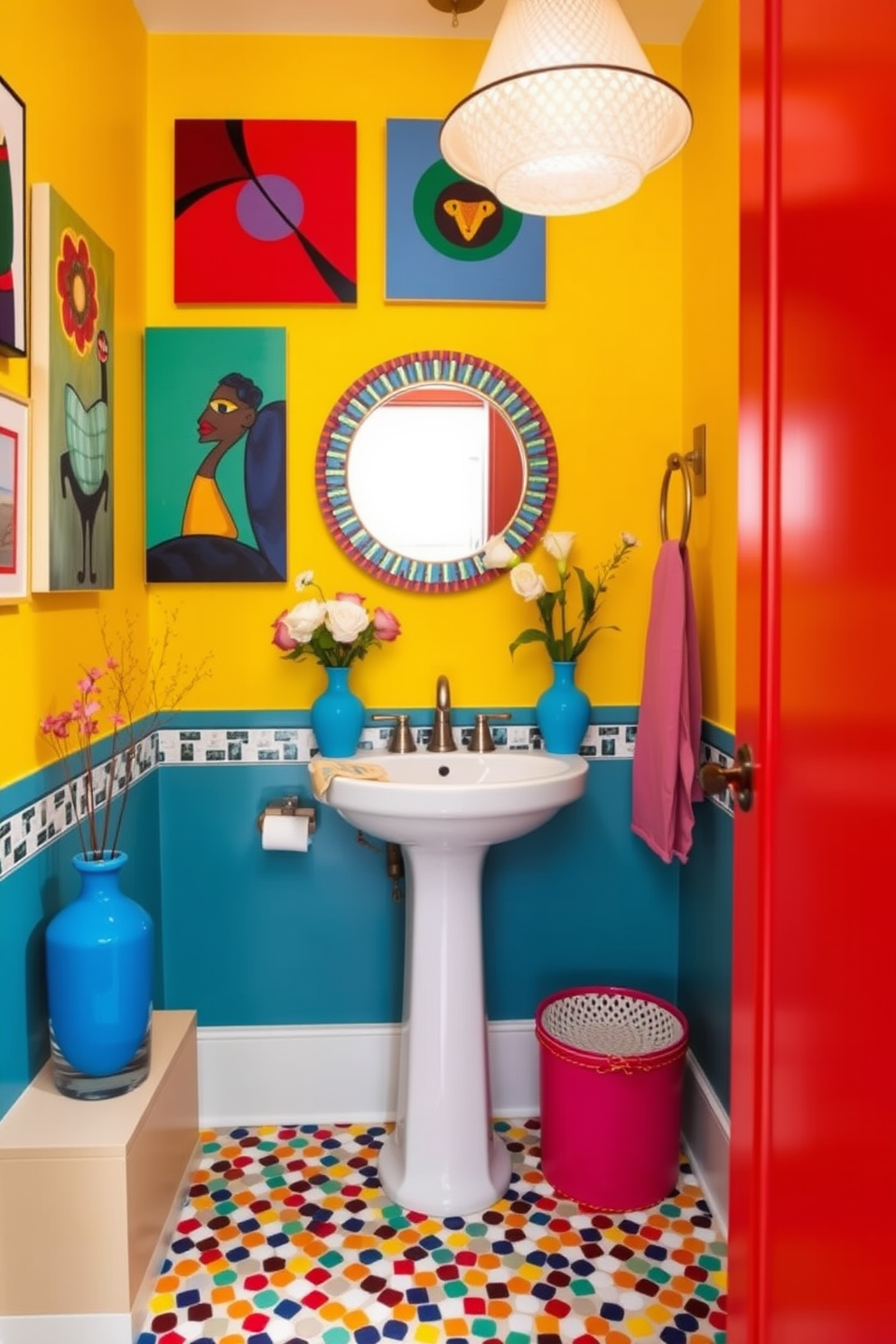 A vibrant powder room filled with bright colors that energize the space. The walls are painted in a cheerful yellow with colorful artwork adorning them, and the floor features a playful mosaic tile pattern. A sleek white pedestal sink stands out against the bold backdrop, complemented by a stylish round mirror with a colorful frame. Decorative accents like a bright blue vase and fresh flowers add a lively touch, while a whimsical light fixture enhances the overall cheerful atmosphere.