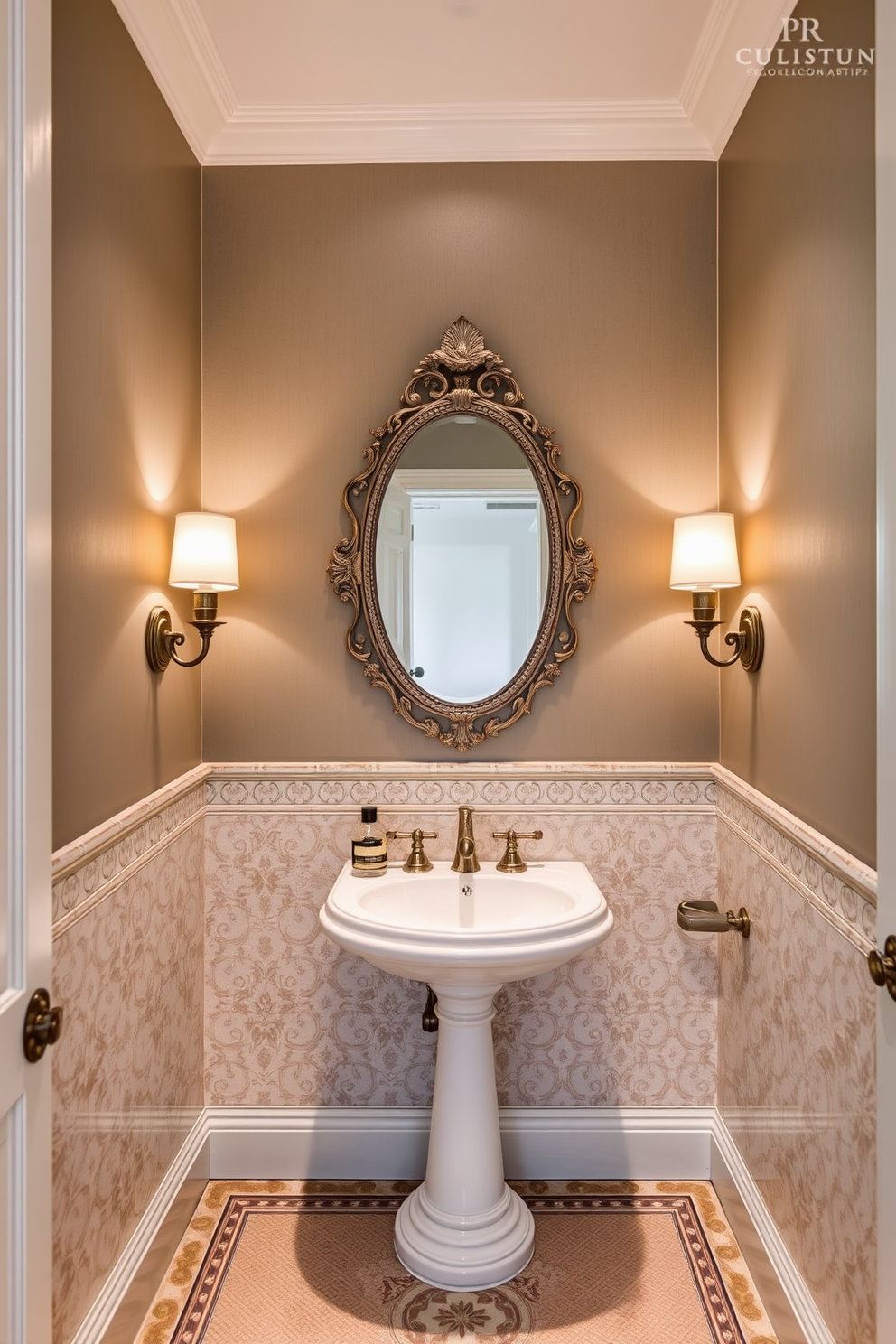 Elegant sconces cast a warm glow on the walls of a European powder room, enhancing the overall ambiance. The space features intricate tile work and a stylish pedestal sink, complemented by a decorative mirror that adds a touch of sophistication.