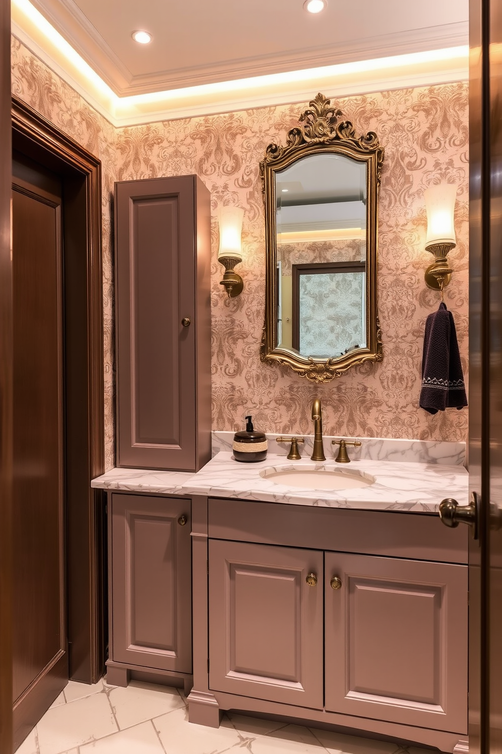 A luxurious powder room featuring a stunning marble countertop with an elegant under-mount sink. The walls are adorned with intricate wallpaper, and soft ambient lighting creates a warm and inviting atmosphere. Sleek cabinetry complements the marble, providing ample storage while maintaining a sophisticated aesthetic. A decorative mirror with a vintage frame adds a touch of charm above the sink, enhancing the overall European design elegance.