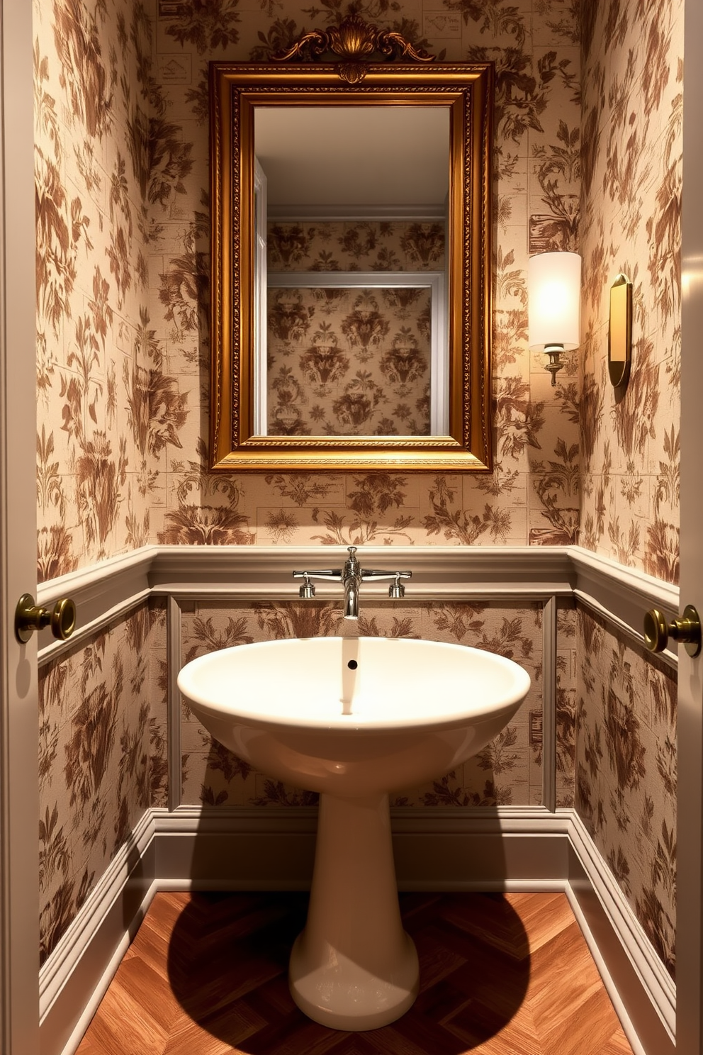 A unique vessel sink serves as a stunning statement piece in this elegant European powder room. The walls are adorned with intricate wallpaper featuring vintage floral patterns, and the floor is laid with classic herringbone wood. A sleek, modern faucet complements the vessel sink, and above it, a beautifully framed mirror reflects the stylish decor. Soft ambient lighting highlights the rich textures and finishes, creating a warm and inviting atmosphere.