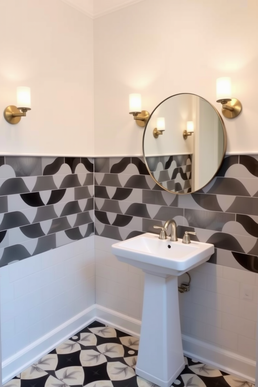 A chic powder room features modern geometric tiles in a striking pattern that enhances the contemporary vibe. The walls are painted in a soft neutral tone, creating a perfect backdrop for the bold tiles. A sleek pedestal sink with a minimalist faucet is positioned against the wall, complemented by a large round mirror. Stylish wall sconces provide warm lighting, enhancing the room's inviting atmosphere.