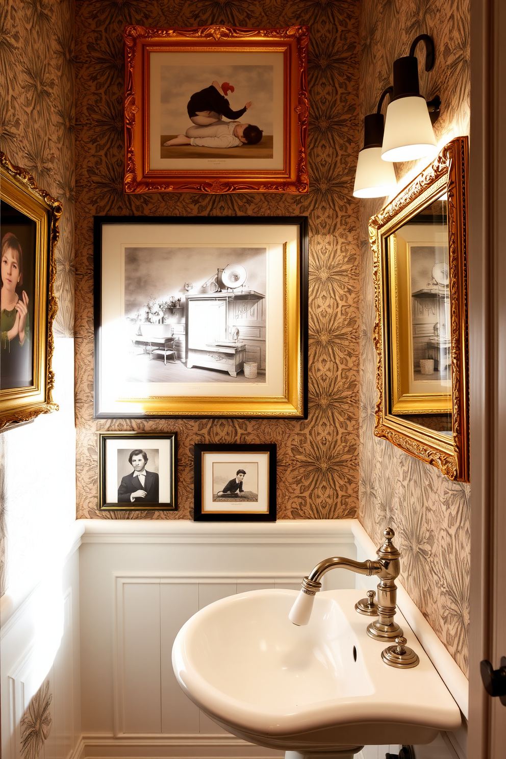 Framed art prints adorn the walls of a stylish European powder room, adding a touch of personality and charm. The prints feature a mix of classic and contemporary styles, each elegantly framed in ornate gold or sleek black frames. The powder room showcases a delicate pedestal sink with intricate detailing, complemented by a vintage-style faucet. Soft ambient lighting highlights the rich textures of the wallpaper, creating an inviting atmosphere perfect for guests.