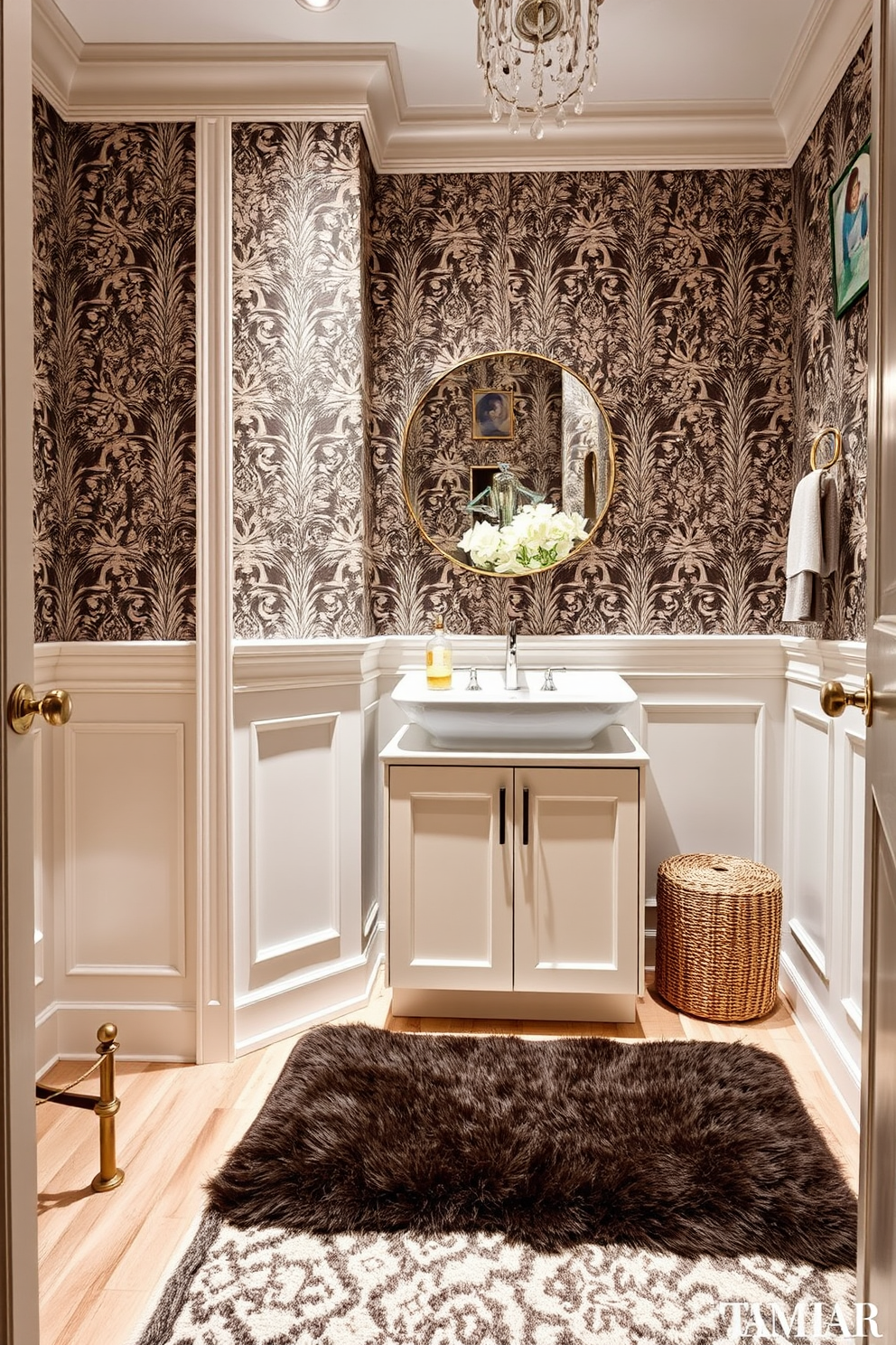 A chic powder room featuring a stylish rug that adds warmth and texture to the space. The walls are adorned with elegant wallpaper, and the vanity showcases a sleek sink with modern fixtures. The rug complements the color palette, enhancing the overall comfort and aesthetic appeal of the room. Soft lighting illuminates the space, highlighting the intricate details of the decor and inviting relaxation.