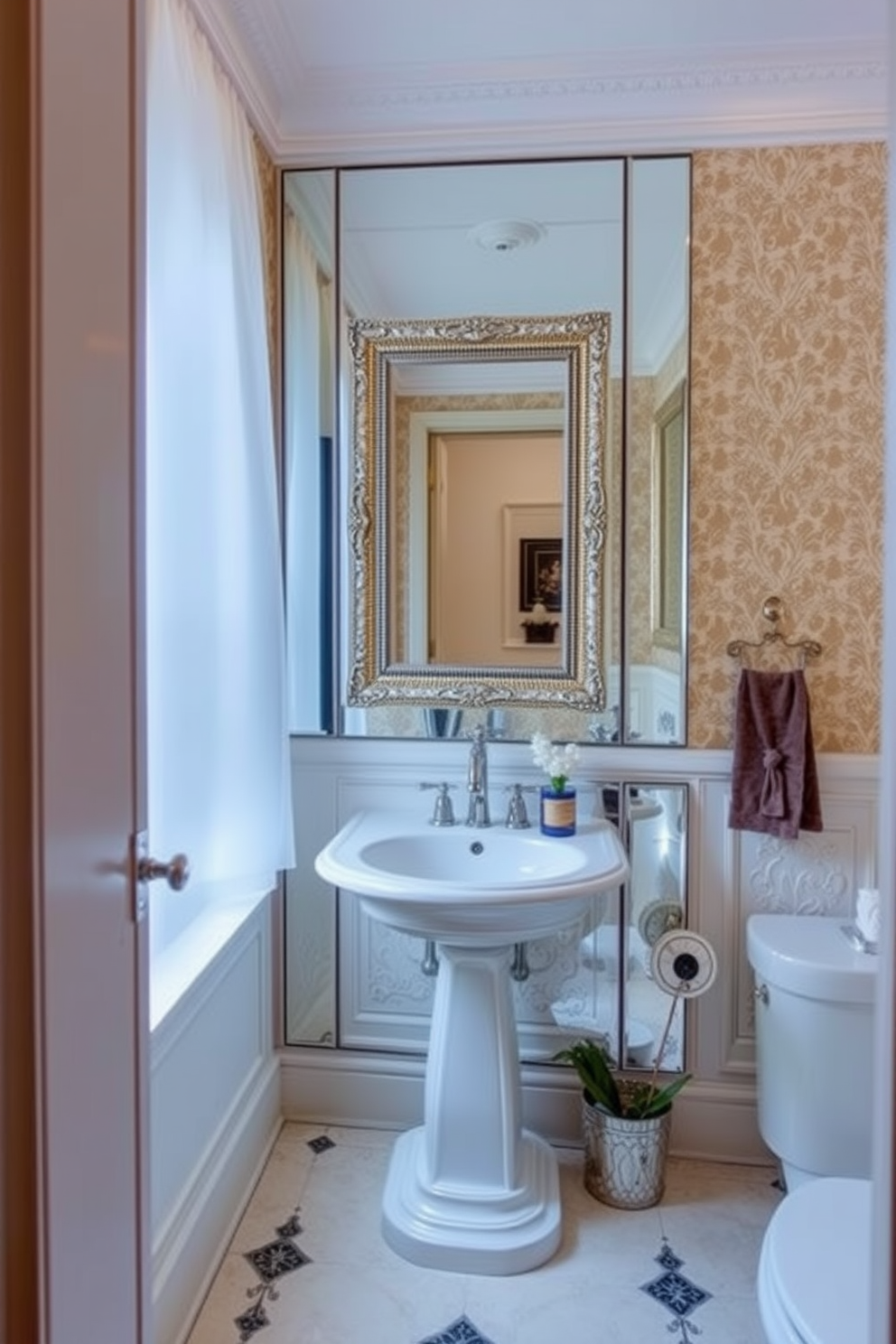 A stylish European powder room featuring a mirrored cabinet that reflects natural light, enhancing the overall brightness of the space. The design incorporates elegant fixtures and soft, neutral colors to create a sophisticated and inviting atmosphere. The walls are adorned with intricate wallpaper that adds texture and depth, while the floor is complemented by classic tile patterns. A chic pedestal sink sits beneath a beautifully framed mirror, with tasteful accessories that elevate the room's elegance.