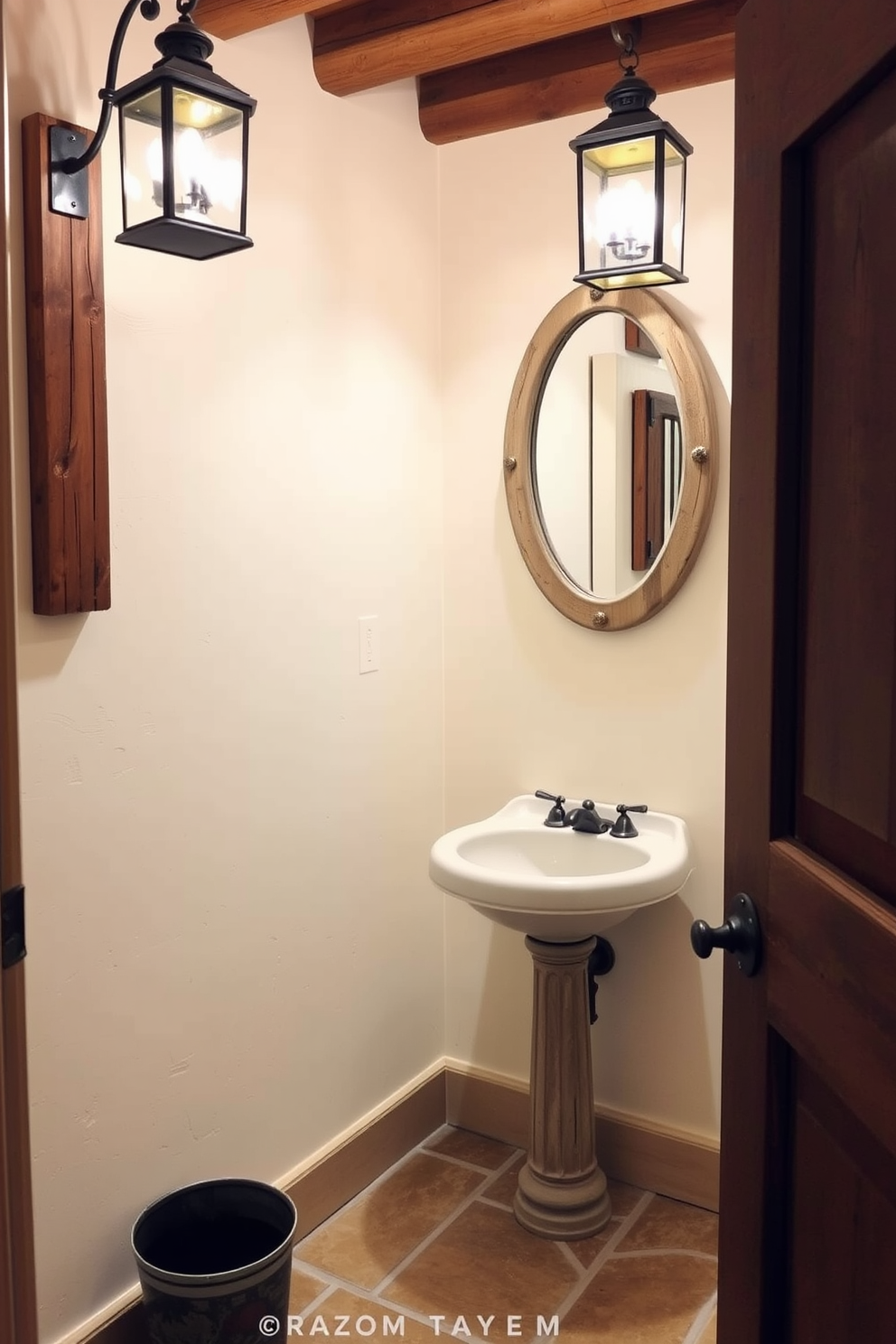 Charming lanterns illuminate a rustic powder room adorned with reclaimed wood accents and a vintage pedestal sink. The walls are painted in a soft cream, complemented by a distressed mirror and natural stone flooring, creating a warm, inviting atmosphere.