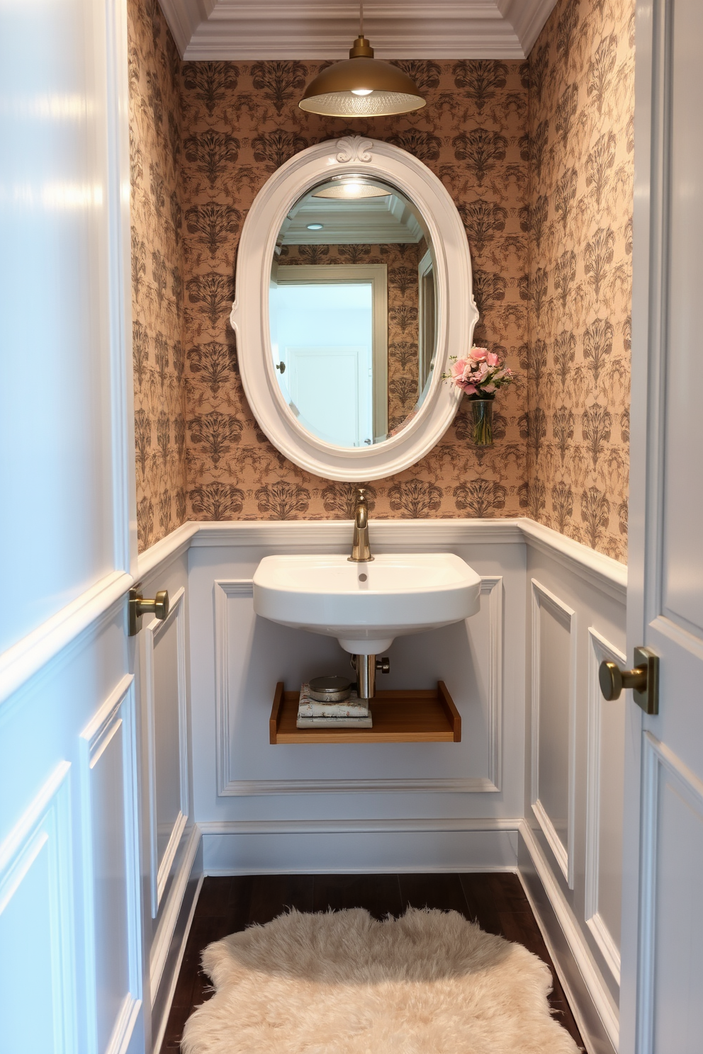 A European powder room featuring a compact yet functional layout. The design includes a wall-mounted sink with a sleek faucet and a stylish mirror above it, maximizing space while maintaining elegance. The walls are adorned with classic wallpaper that adds a touch of sophistication. A small wooden shelf holds decorative items, and a plush rug is placed on the floor for comfort and warmth.