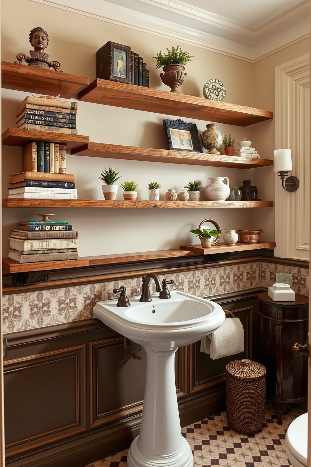 Rustic wood shelves are mounted on the wall, displaying an assortment of decorative items such as vintage books, small potted plants, and artisanal ceramics. The shelves complement the warm tones of the European powder room, which features elegant fixtures and classic tile work. The powder room is adorned with intricate moldings and a stylish pedestal sink, creating a charming yet functional space. Soft lighting highlights the rustic shelves, enhancing the overall ambiance of the room.