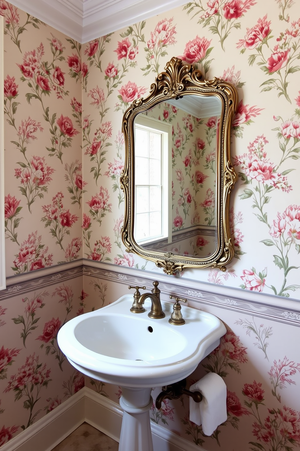 Chic wallpaper featuring floral designs adorns the walls of a stylish European powder room. The space is enhanced by a vintage pedestal sink with elegant fixtures and a large ornate mirror reflecting the intricate patterns of the wallpaper.