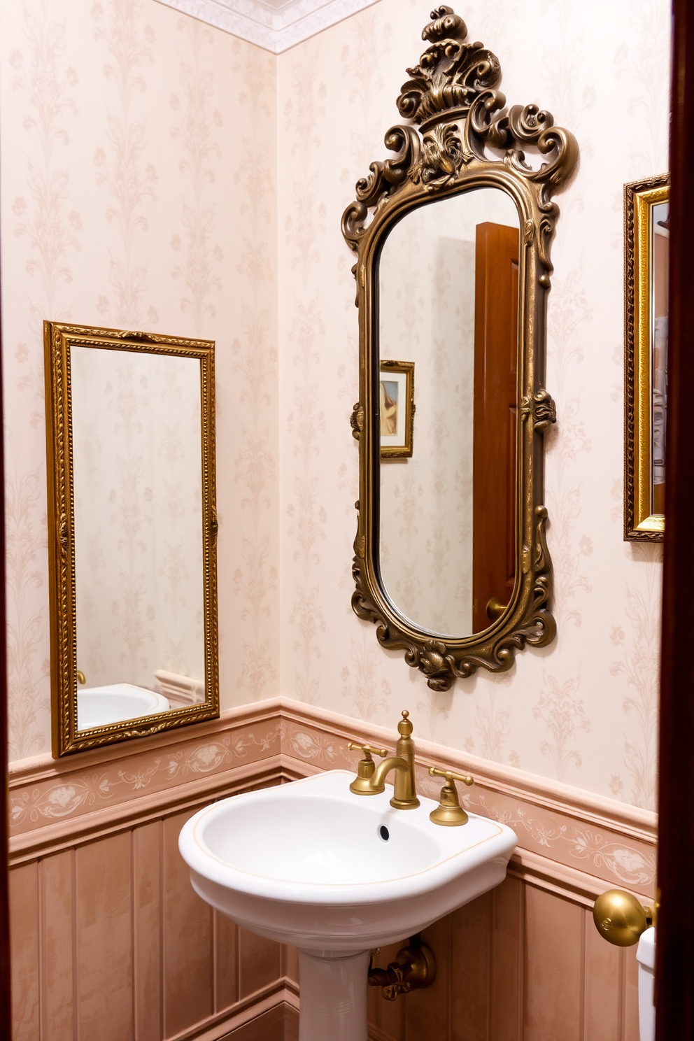 A charming European powder room featuring an antique mirror with an ornate frame that reflects the elegance of the space. The walls are adorned with delicate wallpaper in soft pastels, complemented by a vintage pedestal sink and polished brass fixtures.