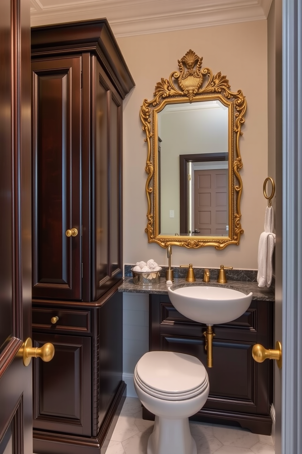 A luxurious powder room featuring dark wooden cabinetry with intricate detailing. The space is adorned with brass fixtures that add a touch of elegance and warmth to the overall design. The walls are painted in a soft, neutral tone that complements the dark cabinetry. A large, ornate mirror with a brass frame reflects the stylish elements of the room, enhancing its sophistication.