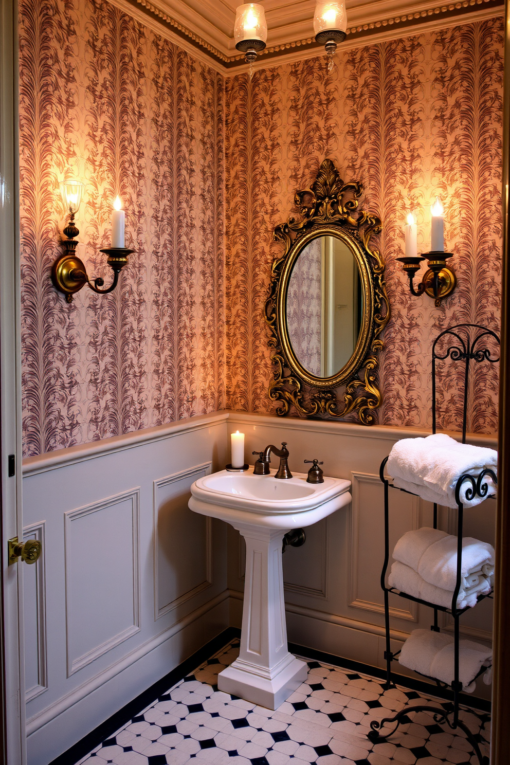 A European powder room featuring subtle lighting created by elegant sconces and flickering candles. The walls are adorned with intricate wallpaper, and the floor is laid with classic black and white tiles. A small pedestal sink with a vintage faucet sits against one wall, complemented by a decorative mirror with an ornate frame. Plush towels are neatly arranged on a wrought iron rack, adding a touch of warmth and sophistication.