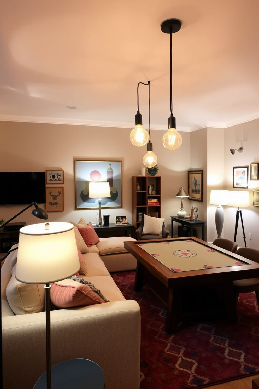 A cozy family game room featuring creative lighting fixtures that enhance the atmosphere. The room includes a large sectional sofa in a soft fabric, surrounded by playful wall art and a vibrant area rug. The lighting consists of unique pendant lights with warm bulbs hanging above the game table. A mix of floor lamps and wall sconces provide additional illumination, creating a welcoming and fun environment for family gatherings.