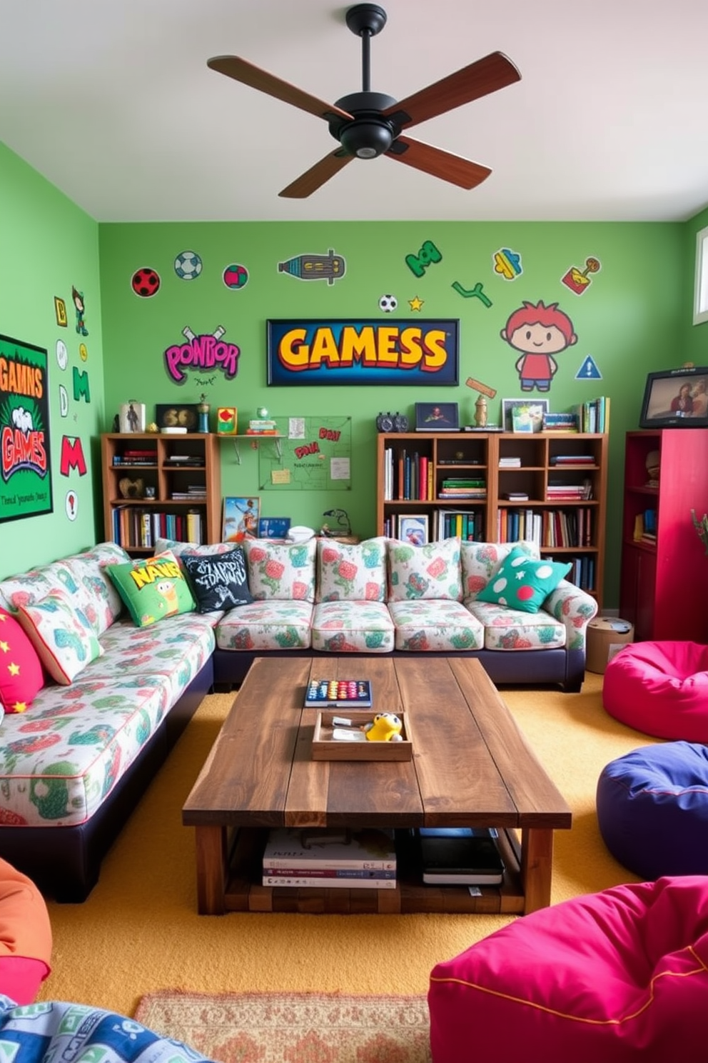 A vibrant family game room filled with fun and energy. The walls are adorned with colorful game-themed artwork featuring classic board games and video game characters. Cozy seating options include a large sectional sofa in a playful pattern and bean bags scattered around. A coffee table made from reclaimed wood serves as the centerpiece, surrounded by shelves stocked with games and books.