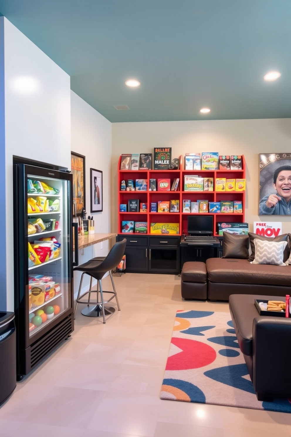 A cozy snack bar area featuring a sleek mini fridge stocked with an assortment of treats. The bar is adorned with stylish bar stools and a countertop that invites casual gatherings and snack breaks. A vibrant family game room designed for entertainment and relaxation. The space includes a large sectional sofa, a coffee table, and a variety of games displayed on shelves, creating a fun and inviting atmosphere.