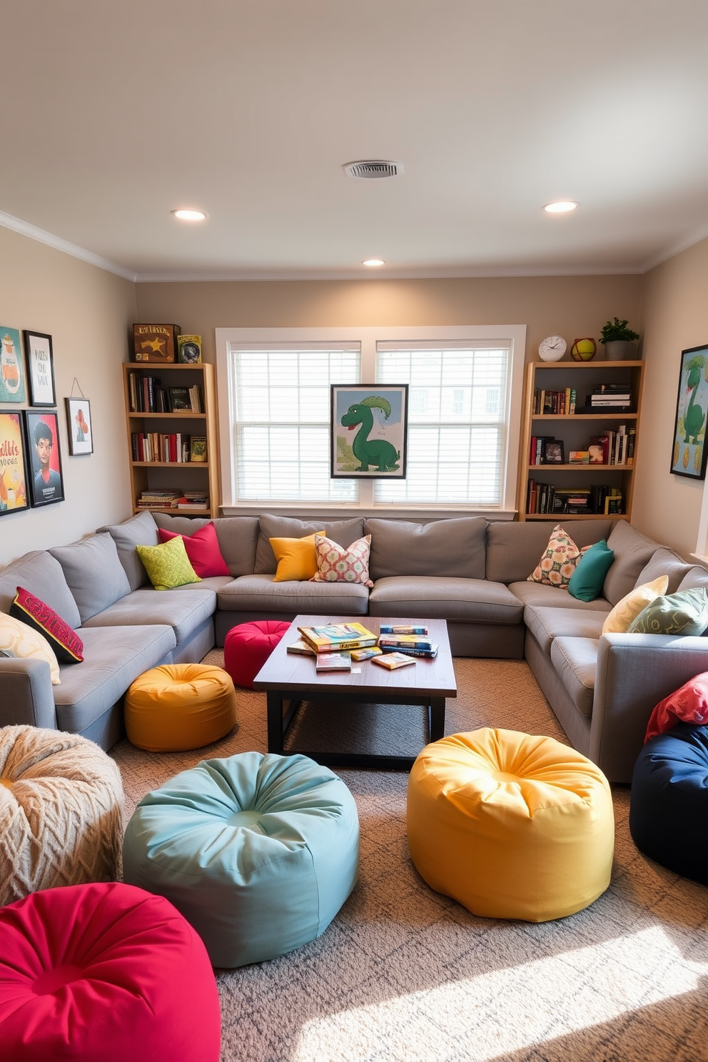 A cozy family game room with flexible seating arrangements features a large sectional sofa in a soft gray fabric. Surrounding the sofa are several colorful poufs and bean bags, creating an inviting atmosphere for game nights. The walls are adorned with playful artwork and shelves filled with board games and books. A large coffee table in the center holds snacks and drinks, while warm lighting enhances the room's inviting ambiance.