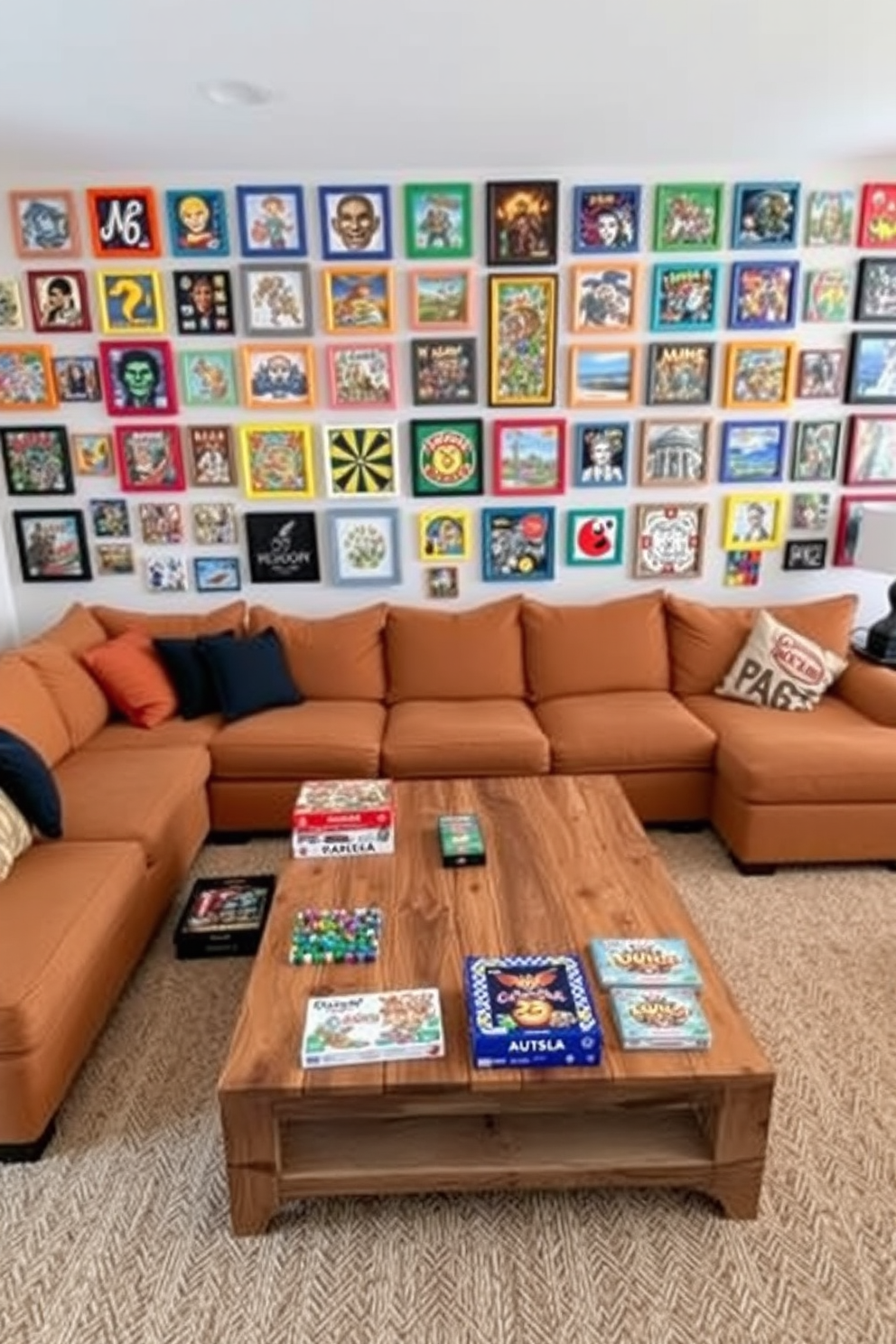 A vibrant family game room featuring a puzzle wall designed to display completed works. The wall is adorned with colorful frames showcasing various puzzles, creating an engaging focal point in the room. The game room includes a comfortable sectional sofa in a soft fabric, perfect for lounging during game nights. A large coffee table made of reclaimed wood sits in the center, surrounded by a variety of board games and gaming accessories.