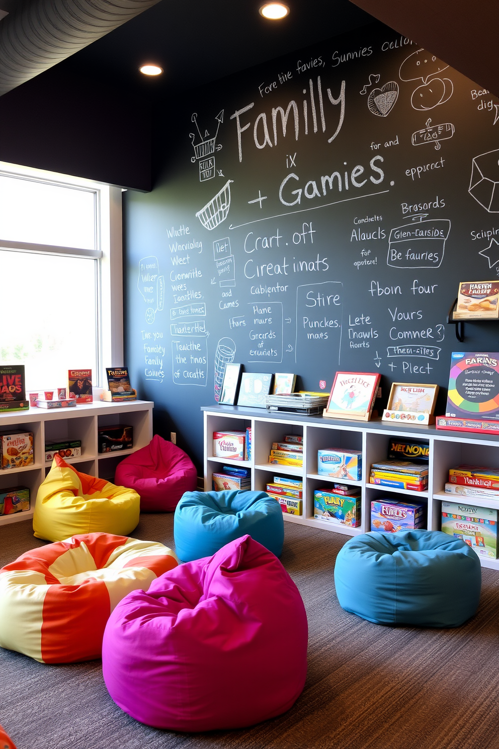 A vibrant family game room featuring an interactive chalkboard wall that encourages creativity and collaboration. The space is filled with comfortable seating options, colorful bean bags, and a variety of board games displayed on open shelves.