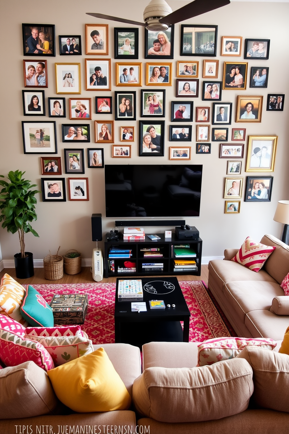 A cozy family photo gallery filled with framed pictures of loved ones adorns the wall. The frames are arranged in a creative layout, showcasing various sizes and styles to add a personal touch to the room. A vibrant family game room features a large sectional sofa with colorful throw pillows for comfort. A stylish coffee table sits in the center, surrounded by a variety of board games and a big-screen television for movie nights.