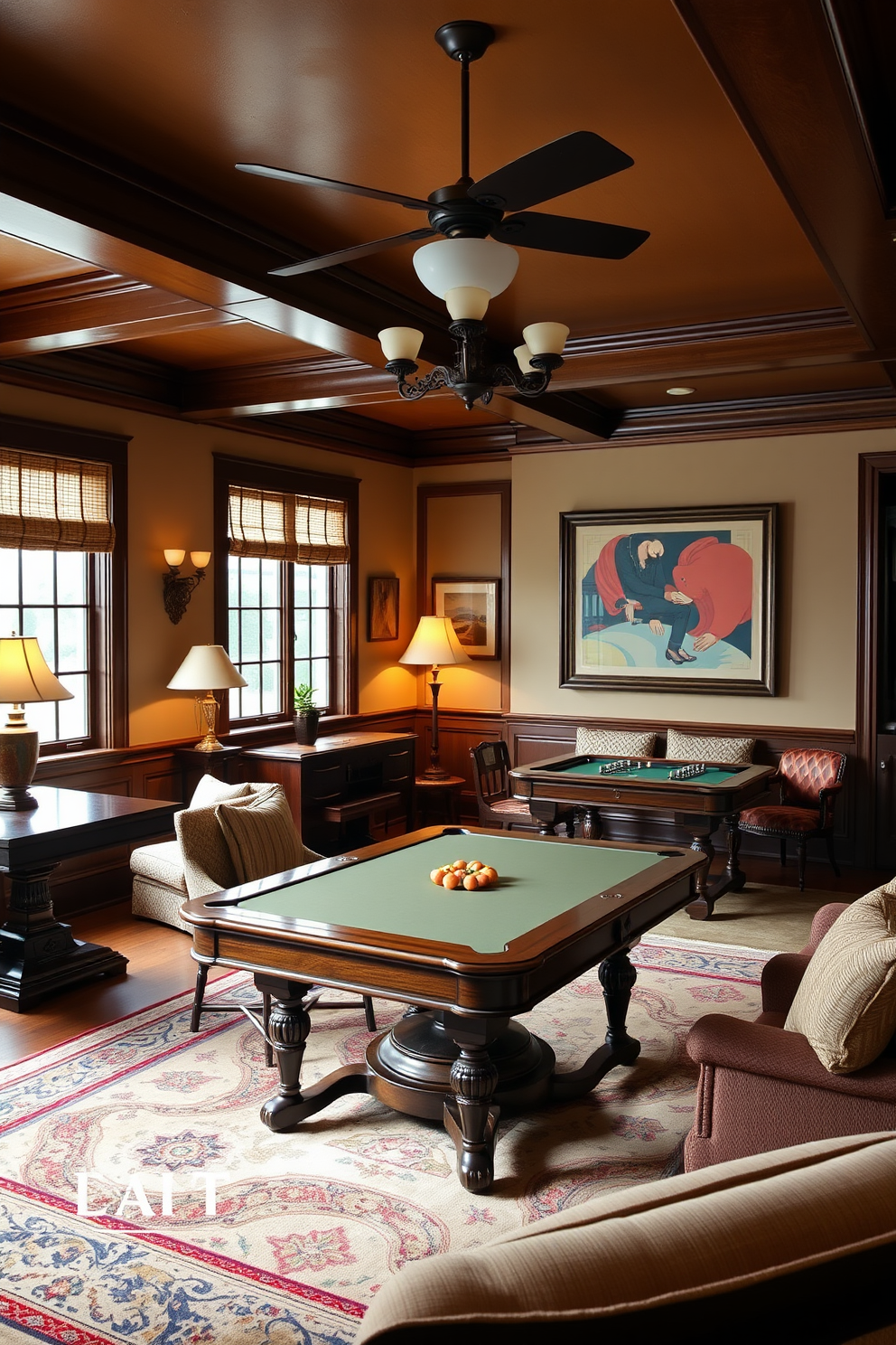 A cozy family game room featuring vintage game tables that exude classic appeal. The room is adorned with rich wooden accents, plush seating, and warm lighting to create an inviting atmosphere.