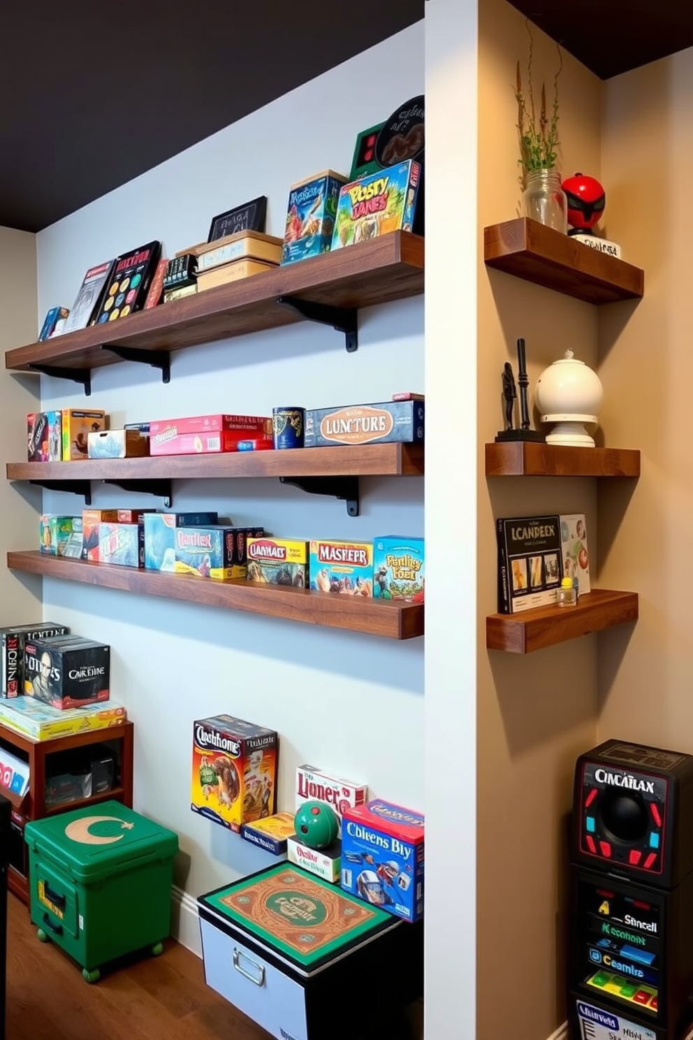 A cozy family game room features wall-mounted game storage solutions that keep board games and gaming accessories organized and easily accessible. The walls are adorned with shelves made of reclaimed wood, showcasing colorful game boxes and decorative items that enhance the room's playful atmosphere.