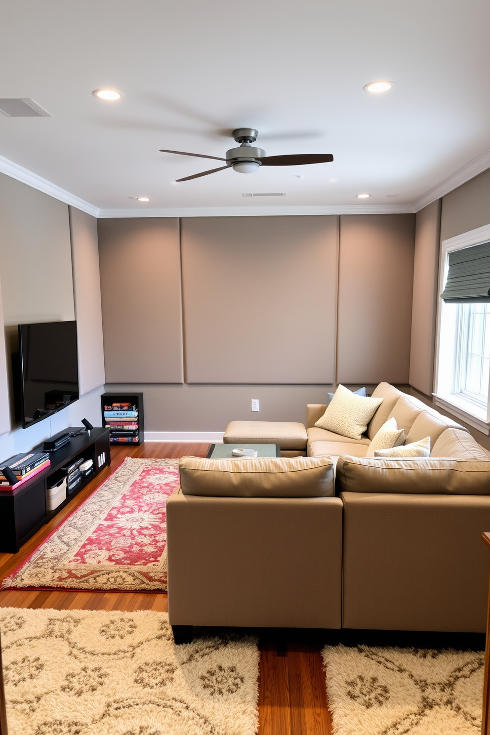 A cozy family game room filled with soundproofing elements for a peaceful environment. The walls are lined with acoustic panels in soft colors, and plush rugs cover the hardwood floor to absorb noise. A large sectional sofa faces a wall-mounted television, creating a perfect viewing area for family game nights. Shelves filled with board games and books are positioned in the corner, adding warmth and personality to the space.