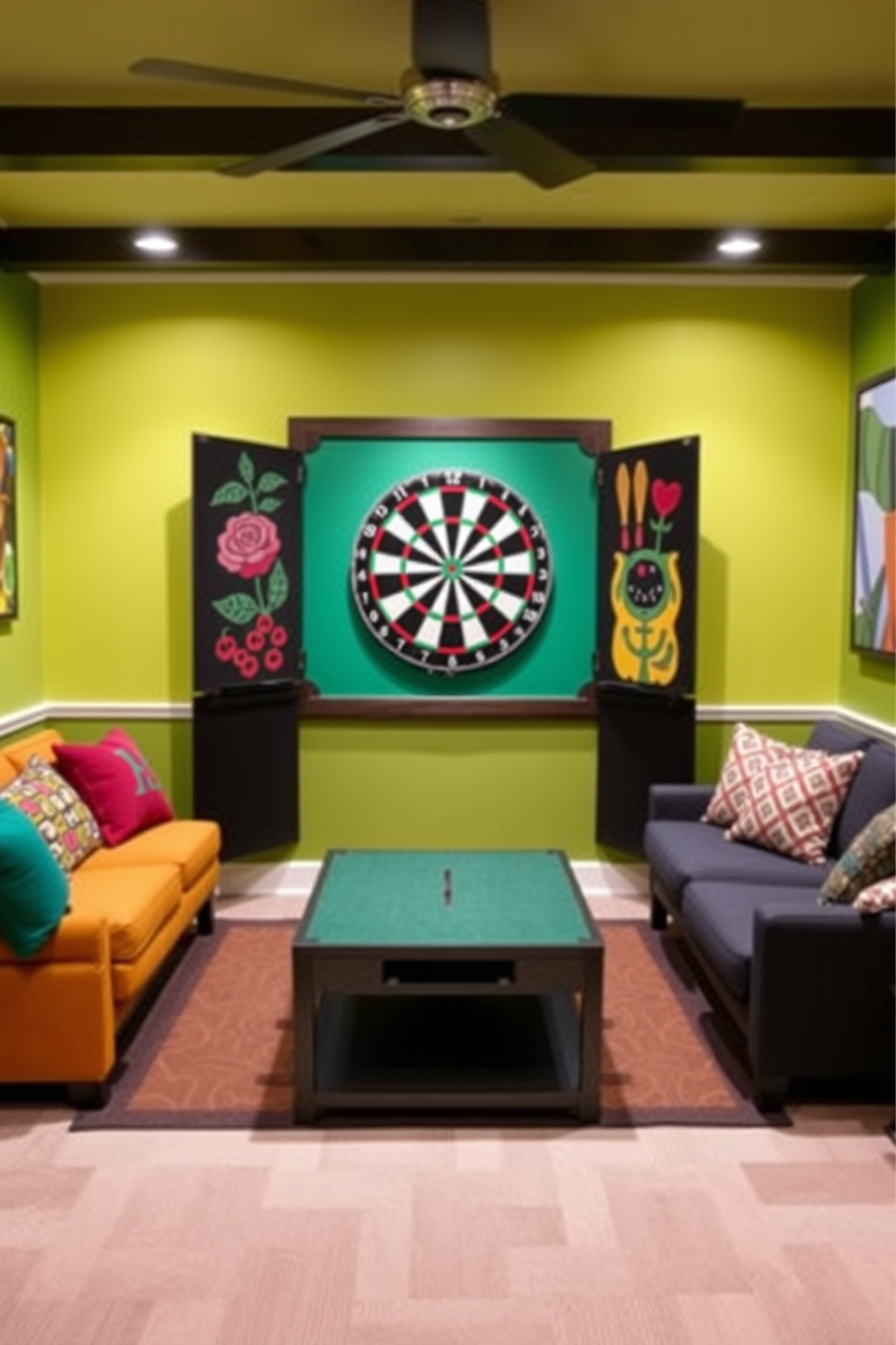 A vibrant family game room featuring a wall-mounted dartboard as the centerpiece. The space is designed with comfortable seating, colorful artwork, and a playful atmosphere that encourages friendly competition.