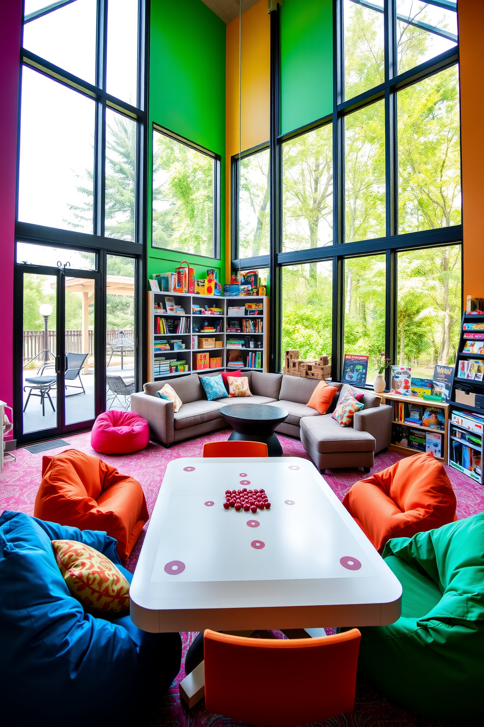 A vibrant family game room with large windows that open to the outdoors, allowing for fresh air and natural light. The room features a cozy seating area with a sectional sofa and colorful bean bags, perfect for family gatherings and game nights. A large game table occupies the center of the room, surrounded by comfortable chairs, ideal for board games and card games. Brightly colored walls create an inviting atmosphere, while shelves display a variety of games and toys for all ages.