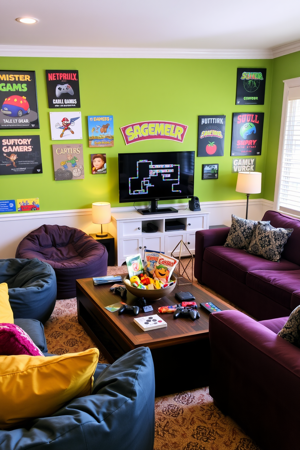 A vibrant family game room designed around favorite games. The walls are adorned with artwork and posters from classic video games, creating a nostalgic atmosphere. Comfortable seating is arranged in a cozy layout, featuring plush bean bags and a sectional sofa. A large coffee table in the center is topped with game controllers, snacks, and a decorative bowl filled with game-themed items.