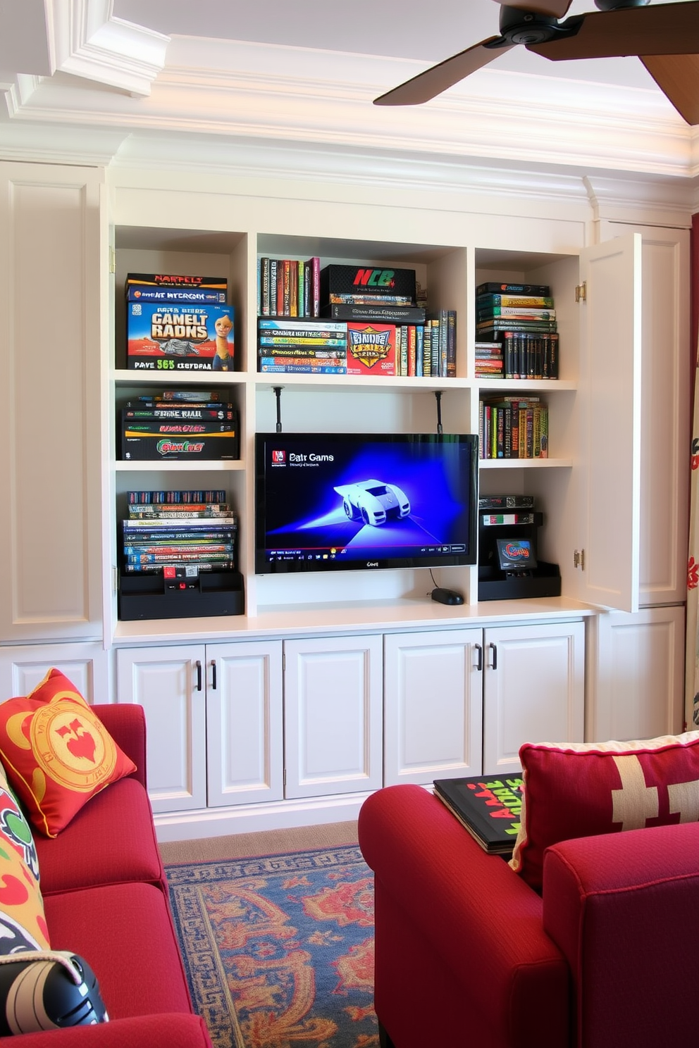 Custom built cabinets for game storage create a functional and stylish solution for organizing games and gaming equipment. The room features comfortable seating and vibrant decor, making it the perfect space for family entertainment.