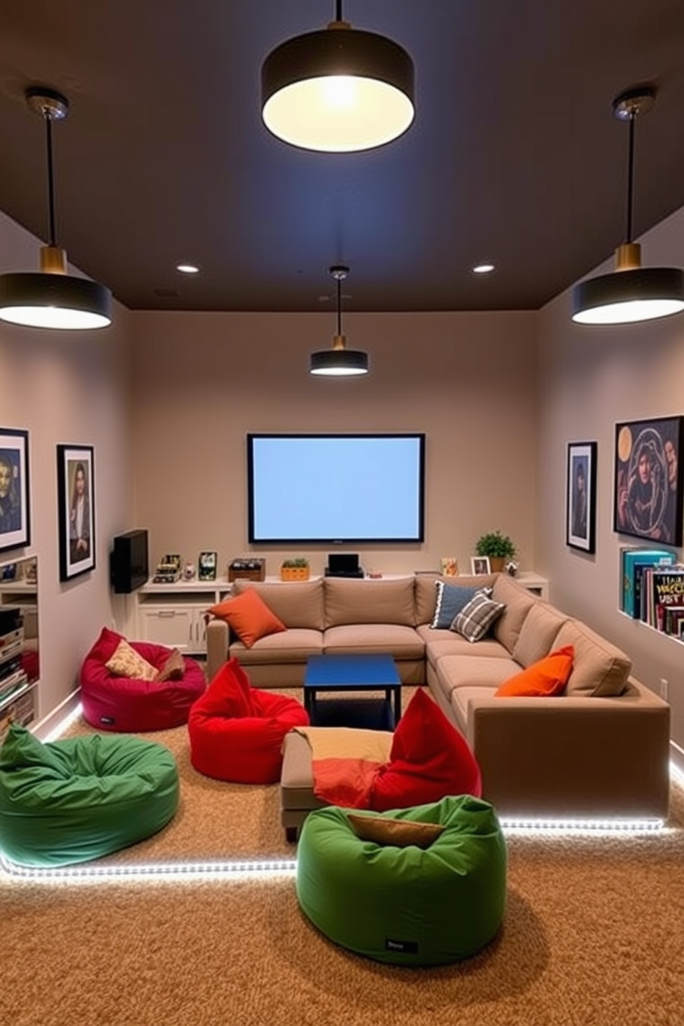 A cozy family game room with flexible lighting options to accommodate various activities. The room features a large sectional sofa in a neutral color, surrounded by colorful bean bags for casual seating. The walls are adorned with framed artwork and shelves filled with board games and books. Overhead, adjustable pendant lights provide bright illumination for game nights, while soft LED strips along the baseboards create a warm ambiance for movie viewing.